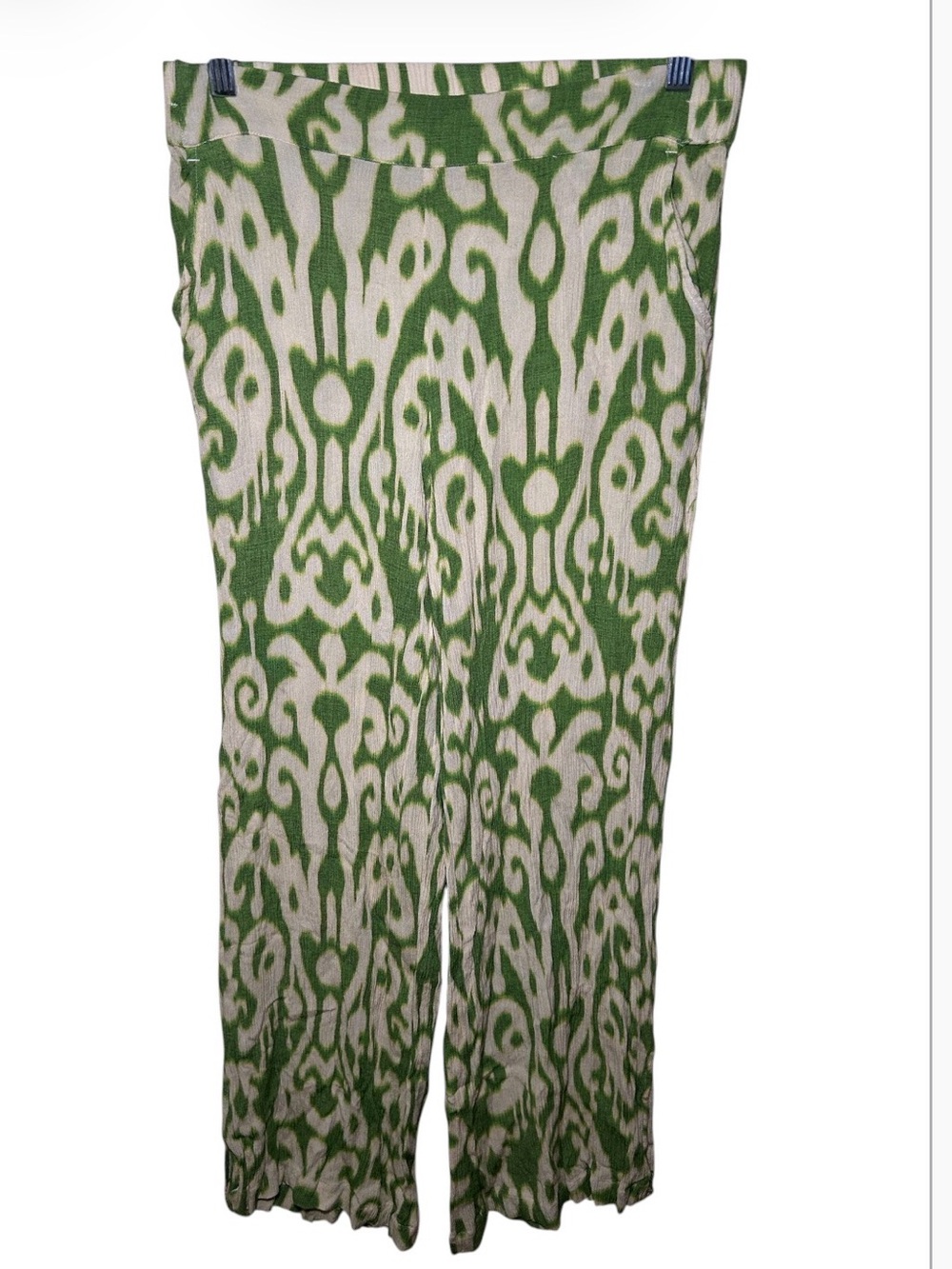 Rose Olive Sheer Green & Cream Patterned Wide Leg Pants Flowy Comfort Fall Small